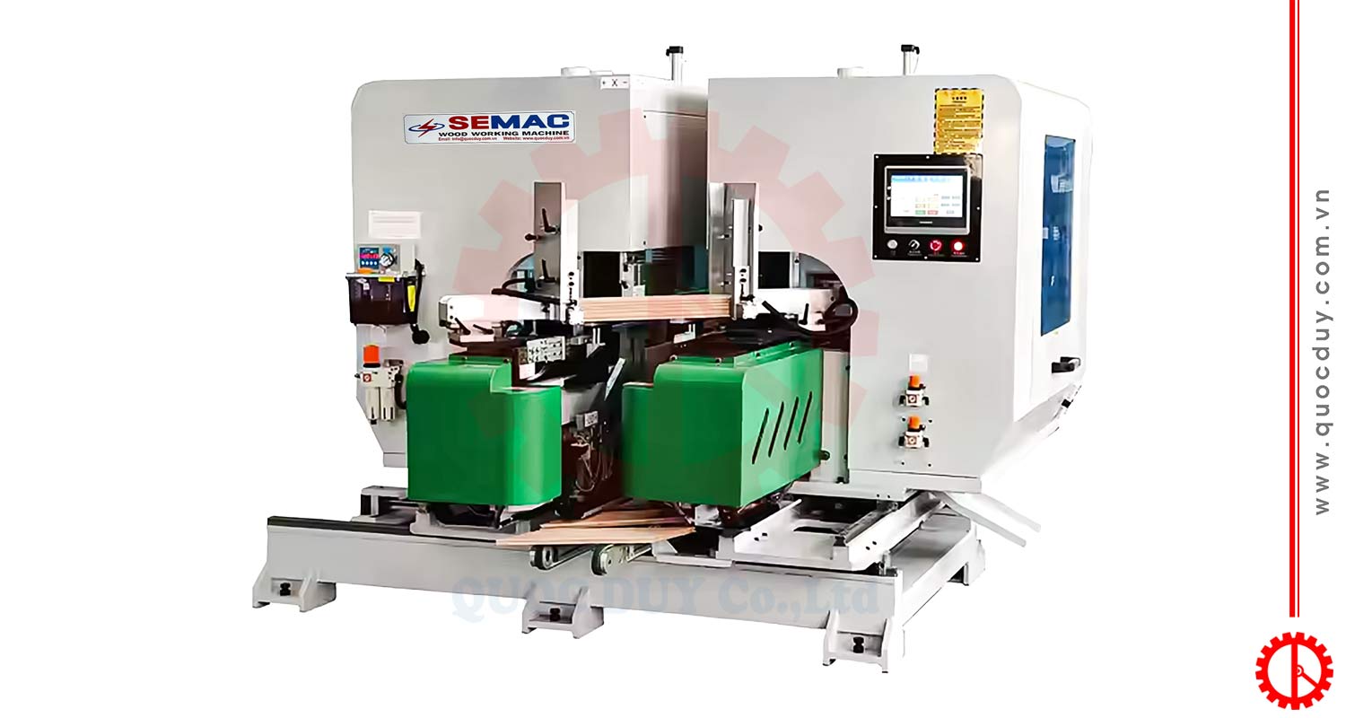 Double end tenoner for herringbone flooring